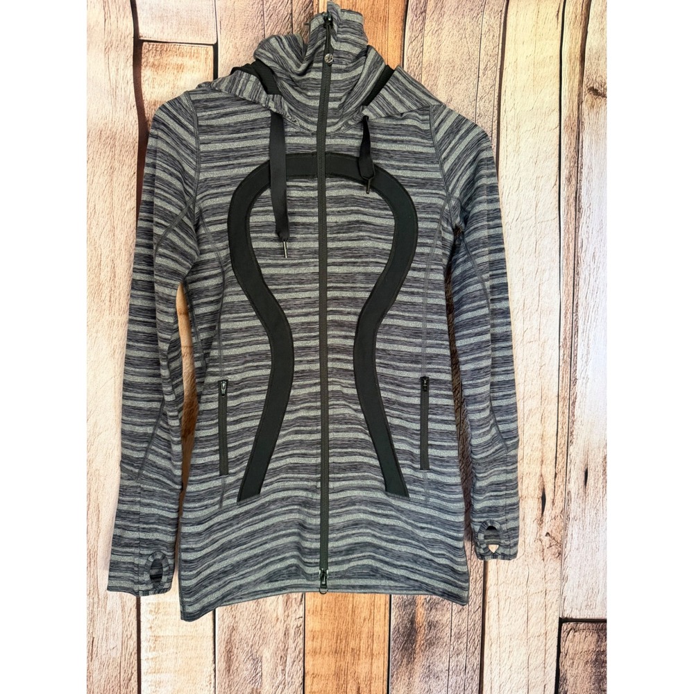 Lululemon Stride Jacket Hooded Full Zip Space Dye Gray Black Stripe Yoga Size 4